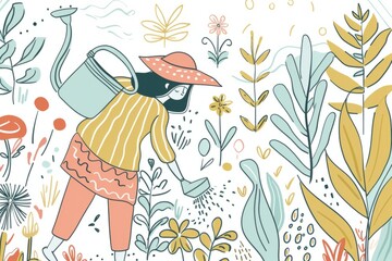 Cartoon cute doodles of a gardener using a watering can to water thirsty plants in the garden, Generative AI - obrazy, fototapety, plakaty