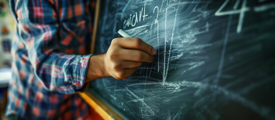 White chalk letters and numbers handwritten on a traditional green chalkboard, capturing the...