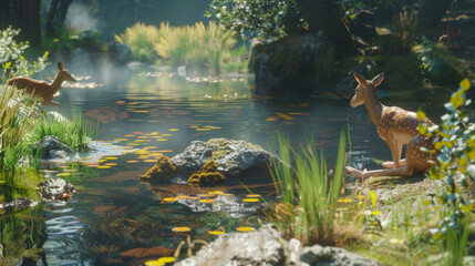 A deer grazes peacefully nearby undisturbed by the person meditating in the hot spring. The natural harmony and stillness of the scene lend themselves perfectly to the practice