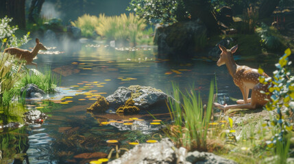 Obraz premium A deer grazes peacefully nearby undisturbed by the person meditating in the hot spring. The natural harmony and stillness of the scene lend themselves perfectly to the practice