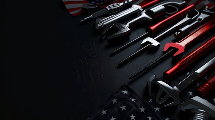 Fototapeta premium Construction and manufacturing tools with patriotic US, USA, American flag on dark black background. International Workers' Day background. Happy labor day. Business and media social background