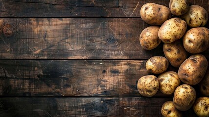 Potatoes on wooden table. Rustic tabletop with potato. Top view