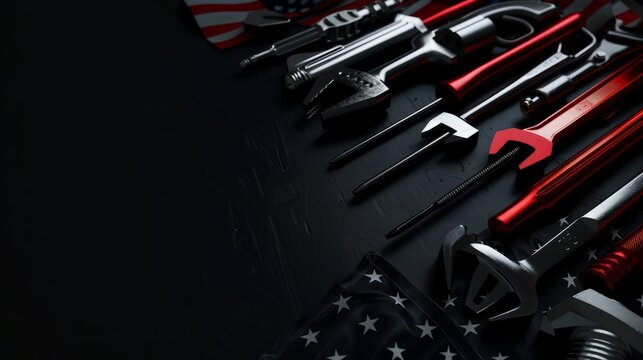 Construction and manufacturing tools with patriotic US, USA, American flag on dark black background. International Workers' Day background. Happy labor day. Business and media social background