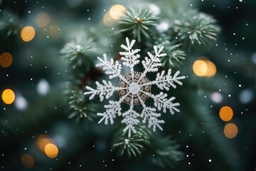 Fototapeta na wymiar Snowflake surrounded by pine needles.