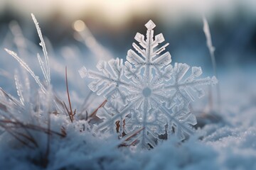 Macro shot of a frosted snowflake with a winter landscape in the background.