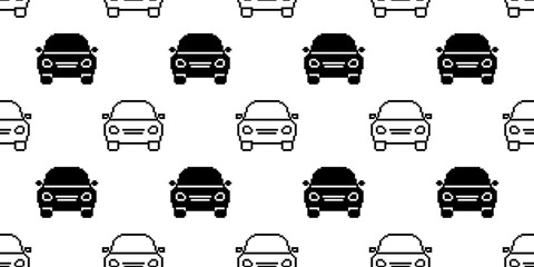 black white pixel art car seamless pattern