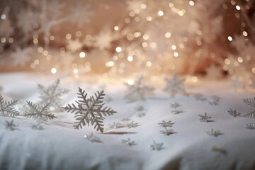 White snowflake on a bed of fake snow.