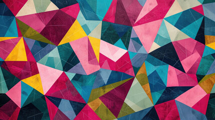 Geometric abstract background with overlapping triangles in fuchsia, olive and sky blue colors