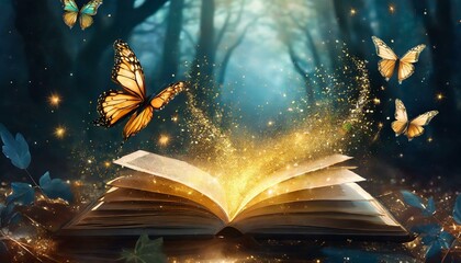 fairytale mystical open book with butterflies and golden sparkles wide banner design
