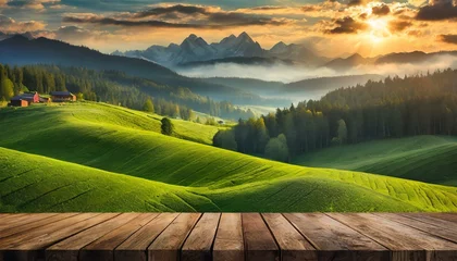 Foto op Aluminium Farm wood nature field fruit table product grass garden background stand green food. Nature . © MAWLOUD