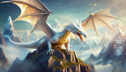 fantasy dragon with shiny white scales wrapped around a mountain peak - obrazy, fototapety, plakaty