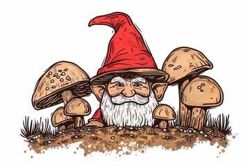 Cartoon cute doodles of a garden gnome peeking out from behind a patch of mushrooms, Generative AI