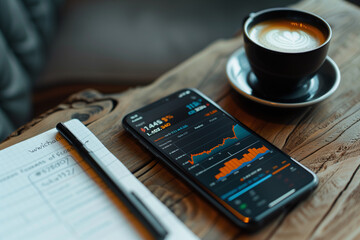 A smartphone displaying stock market graphs rests on a table beside a cup of coffee and financial paperwork