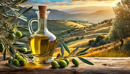 golden olive oil bottles with olives leaves and fruits setup in the middle of rural olive