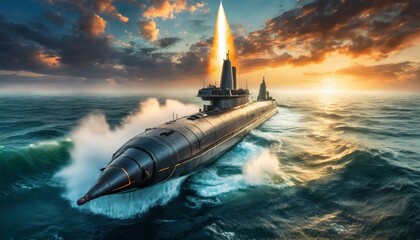 Generic military nuclear submarine floating in the middle of the ocean while shooting - Powered by Adobe