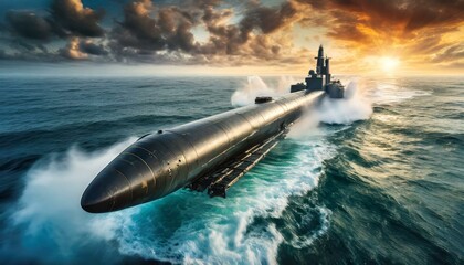 Generic military nuclear submarine floating in the middle of the ocean while shooting