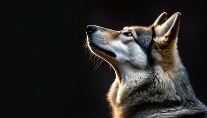 gray wild wolf profile portrait heading up howling at night isolated on black background