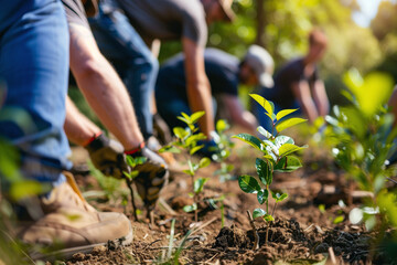 Fototapeta premium A group of volunteers actively participates in a community tree planting event, demonstrating commitment to environmental conservation