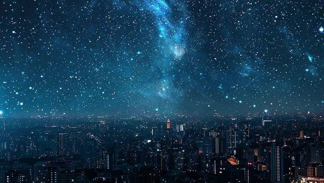 night scene with starry sky. cityscape at night sky with many stars. seamless looping overlay 4k virtual video animation background