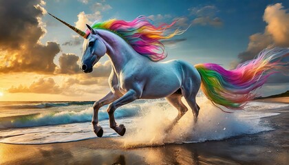 Obraz na płótnie Canvas life like rainbow unicorn running on the beach 96155.jpg, Firefly life like rainbow unicorn running on the beach