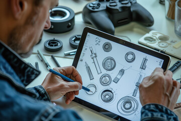A designer meticulously sketches detailed mechanical parts and components on a digital drawing tablet