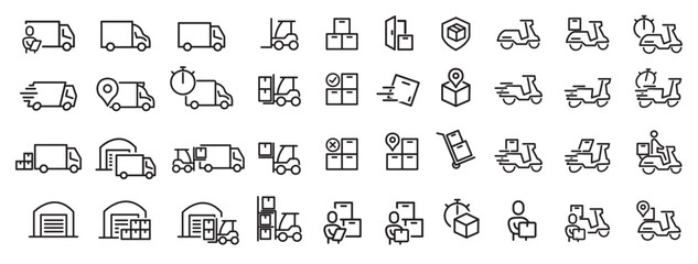 Set of Simple Package Delivery Related Vector Line Icons. Contains Icons such as truck, loading package, forklift, courier, box, and more. icon illustration