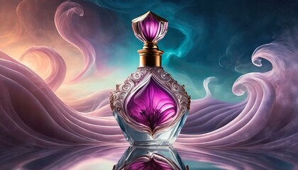 luxury glass or crystal perfume bottle with smoke waves background in pink purple theme, mix