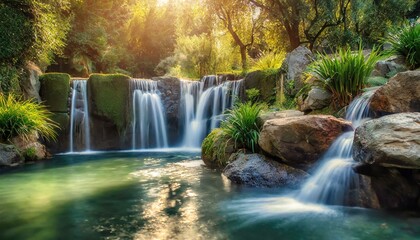 outdoor home modern water feature fountain waterfall as wide banner with copy space area