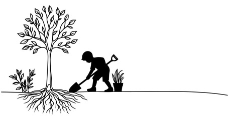 Continuous one black line art drawing Silhouette of children planting tree. Shovel digs roots plant into ground to save the world and earth day reduce global warming growth concept vector illustration