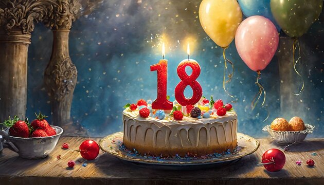 number 18 candle on a twenty eit year birthday or anniversary cake celebration with balloons