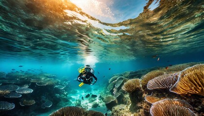 scuba drivers through tunnel under the ocean with fish and underwater life.