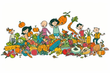 Cartoon cute doodles of a family harvesting ripe fruits and vegetables from their garden, Generative AI