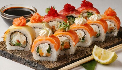 Set of delicious sushi rolls on white background, closeup