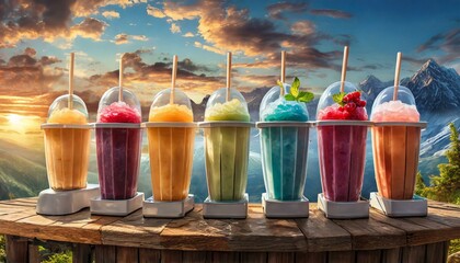 summer cool slush or smoothie iced fruit juice dispenser machine for refreshing chilled drink - obrazy, fototapety, plakaty