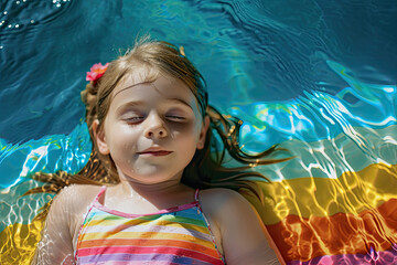 Little girl laying resting relaxing in swimming pool, Enjoying Summer Vacation, Top view