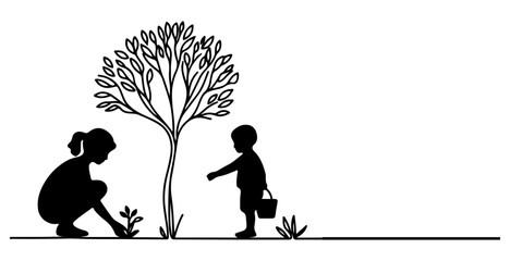 Continuous one black line art drawing Silhouette of children planting tree. Shovel digs roots plant into ground to save the world and earth day reduce global warming growth concept vector illustration