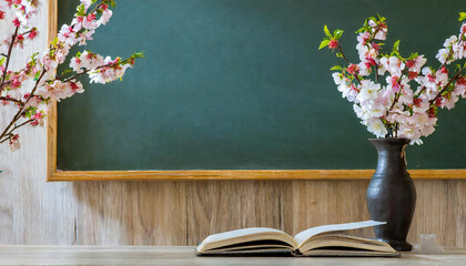 入学、卒業イメージ。桜。黒板。教室。Entrance and graduation images. cherry blossoms. blackboard. classroom. - obrazy, fototapety, plakaty