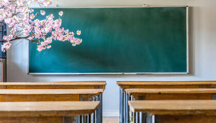 入学、卒業イメージ。桜。黒板。教室。Entrance and graduation images. cherry blossoms. blackboard. classroom. - obrazy, fototapety, plakaty
