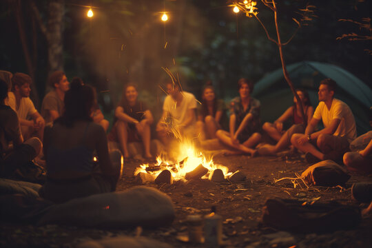 Group of friends enjoying around campfire.