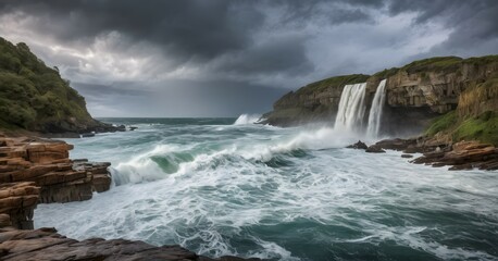 Obraz premium Waterfall during high tide or stormy weather with crashing waves