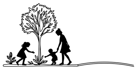 Continuous one black line art drawing Silhouette of children planting tree. Shovel digs roots plant into ground to save the world and earth day reduce global warming growth concept vector illustration