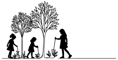 Continuous one black line art drawing Silhouette of children planting tree. Shovel digs roots plant into ground to save the world and earth day reduce global warming growth concept vector illustration