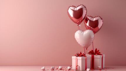 Happy valentines day decoration with gift box, heart shape balloon, generative ai