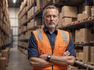 A working man wearing a security vest stands in front of a wall of boxes
