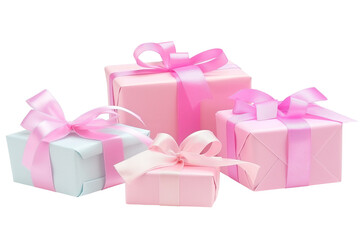 Collection of pink gift boxes with satin ribbons on a transparent background, PNG