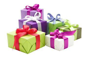 Obraz premium Collection of colorful gift boxes with satin ribbons on a transparent background, PNG