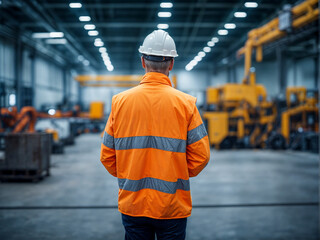 A working man wearing a security vest stands in factory