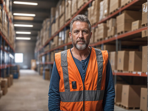 A working man wearing a security vest stands in front of a wall of boxes