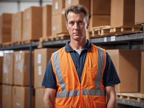 A working man wearing a security vest stands in front of a wall of boxes