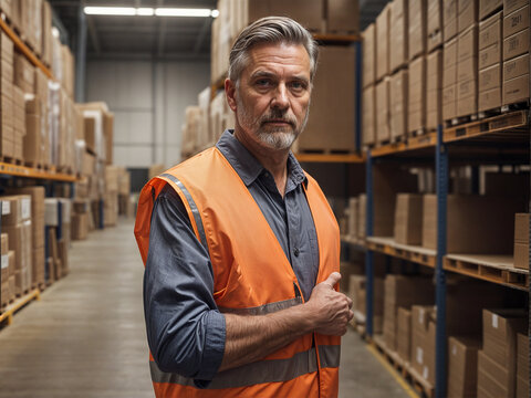 A working man wearing a security vest stands in front of a wall of boxes